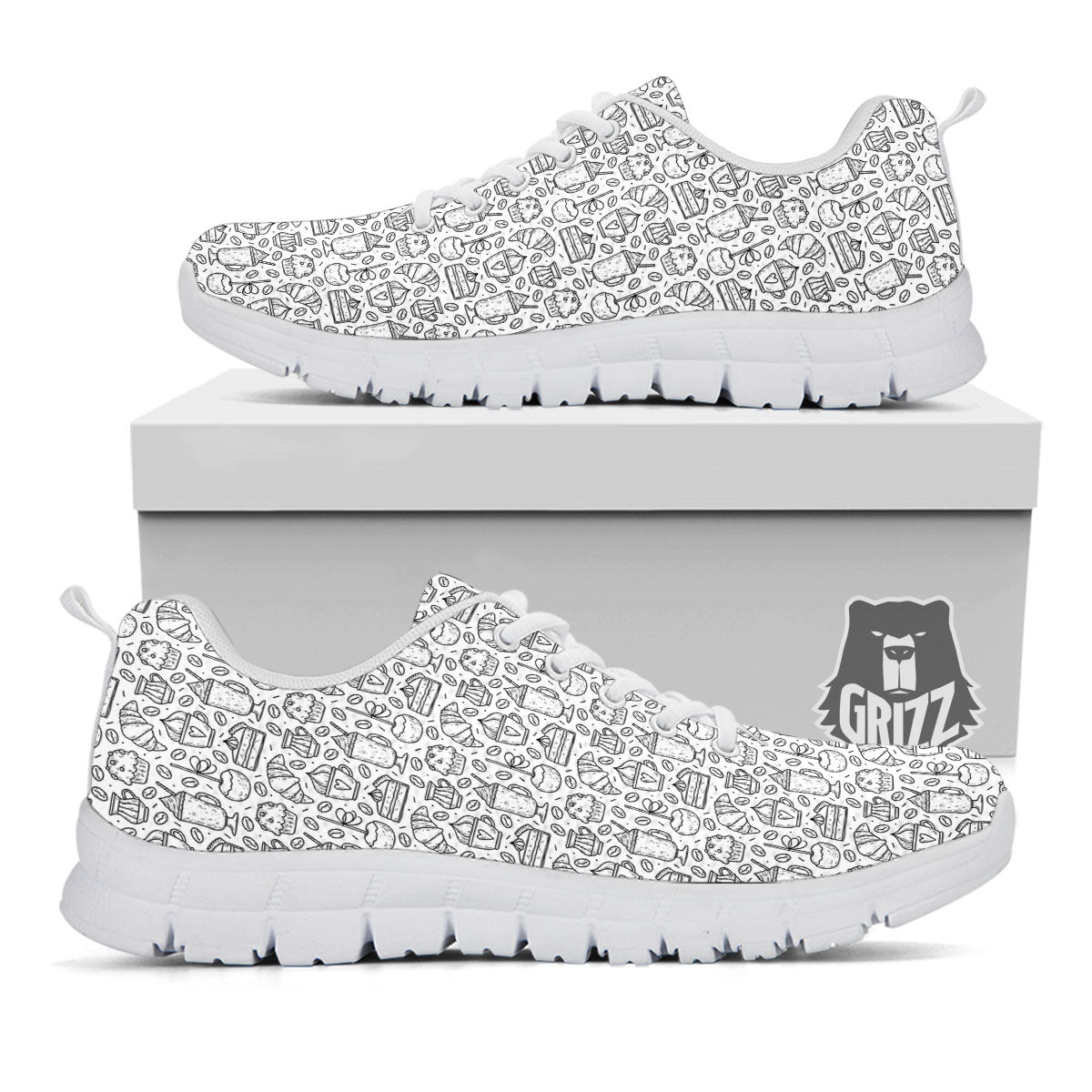 Drawing Dessert And Coffee Print Pattern White Sneaker-grizzshop