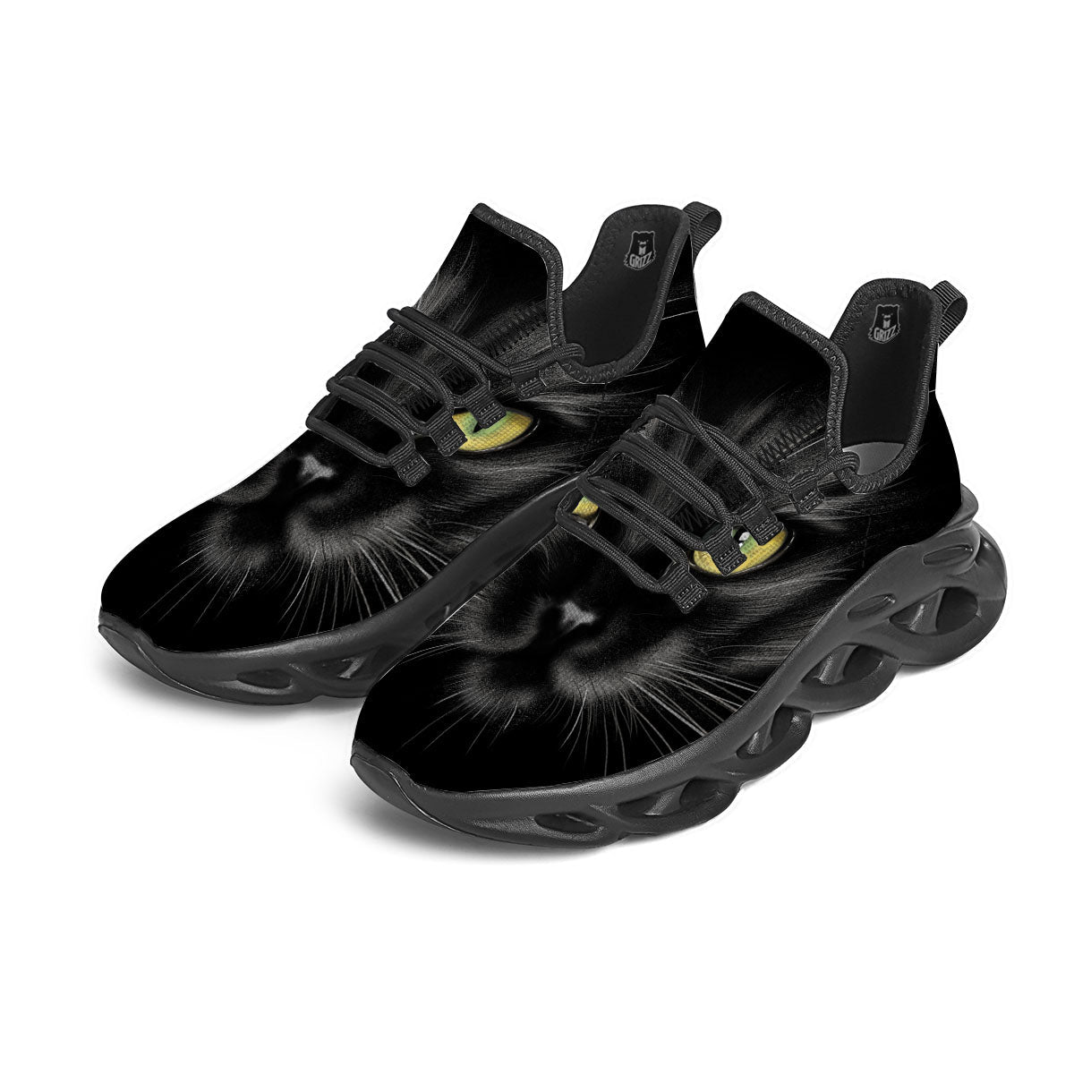 Drawing Portrait Black Cat Print Black Running Shoes-grizzshop