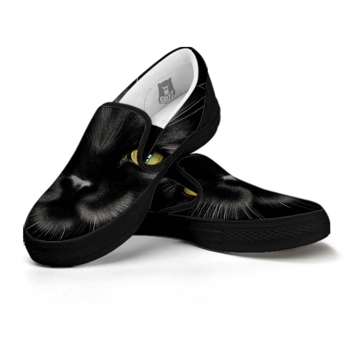 Drawing Portrait Black Cat Print Black Slip On Shoes-grizzshop