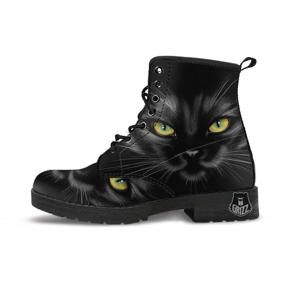 Drawing Portrait Black Cat Print Leather Boots-grizzshop