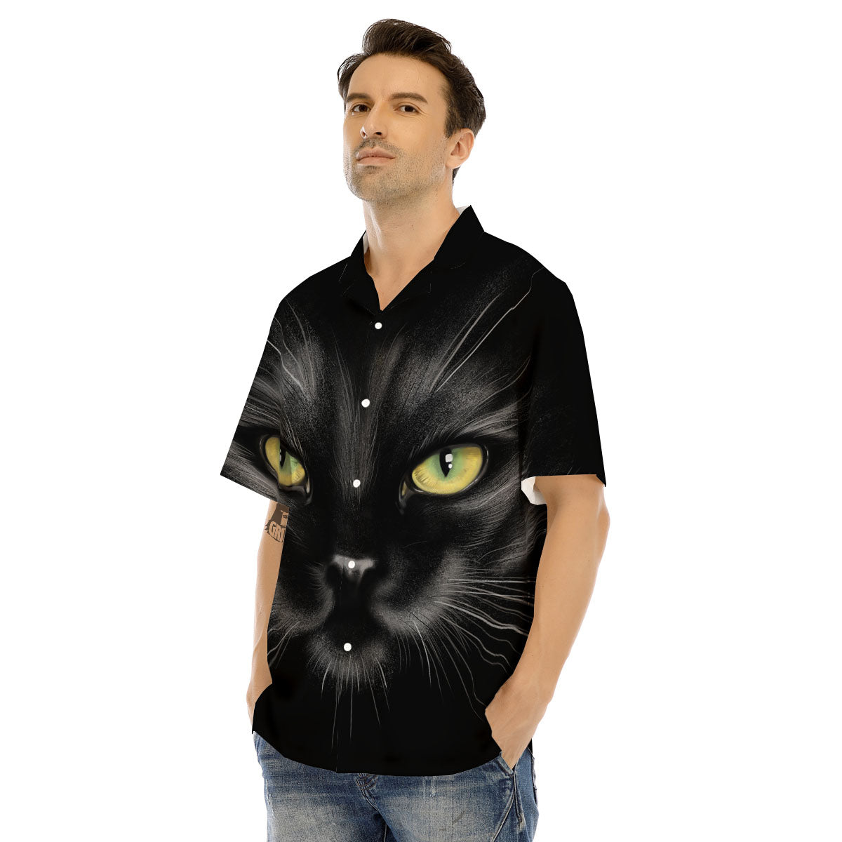 Drawing Portrait Black Cat Print Men's Hawaiian Shirt-grizzshop