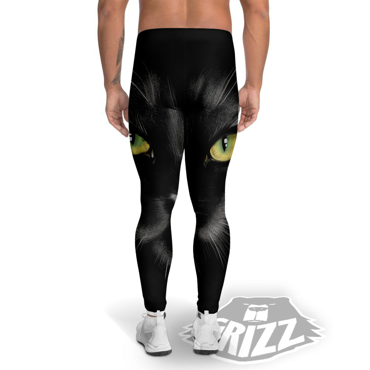 Drawing Portrait Black Cat Print Men's Leggings-grizzshop