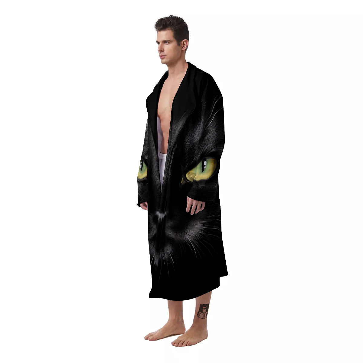 Drawing Portrait Black Cat Print Men's Robe-grizzshop