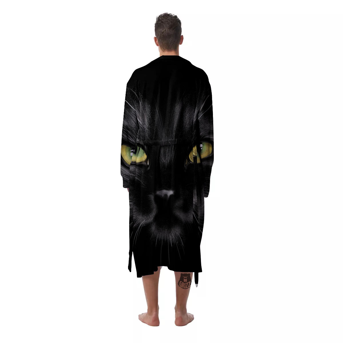Drawing Portrait Black Cat Print Men's Robe-grizzshop