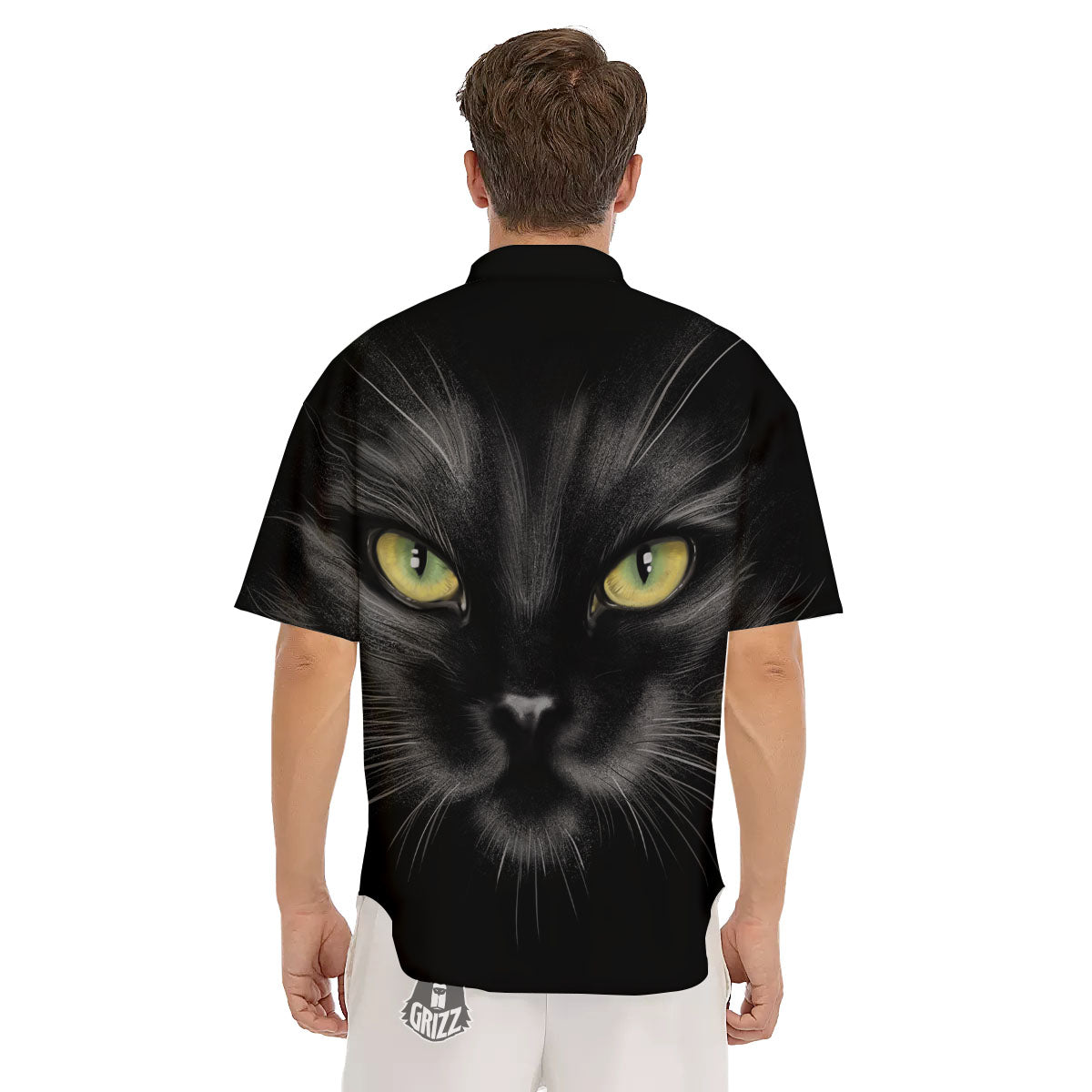Drawing Portrait Black Cat Print Men's Short Sleeve Shirts-grizzshop