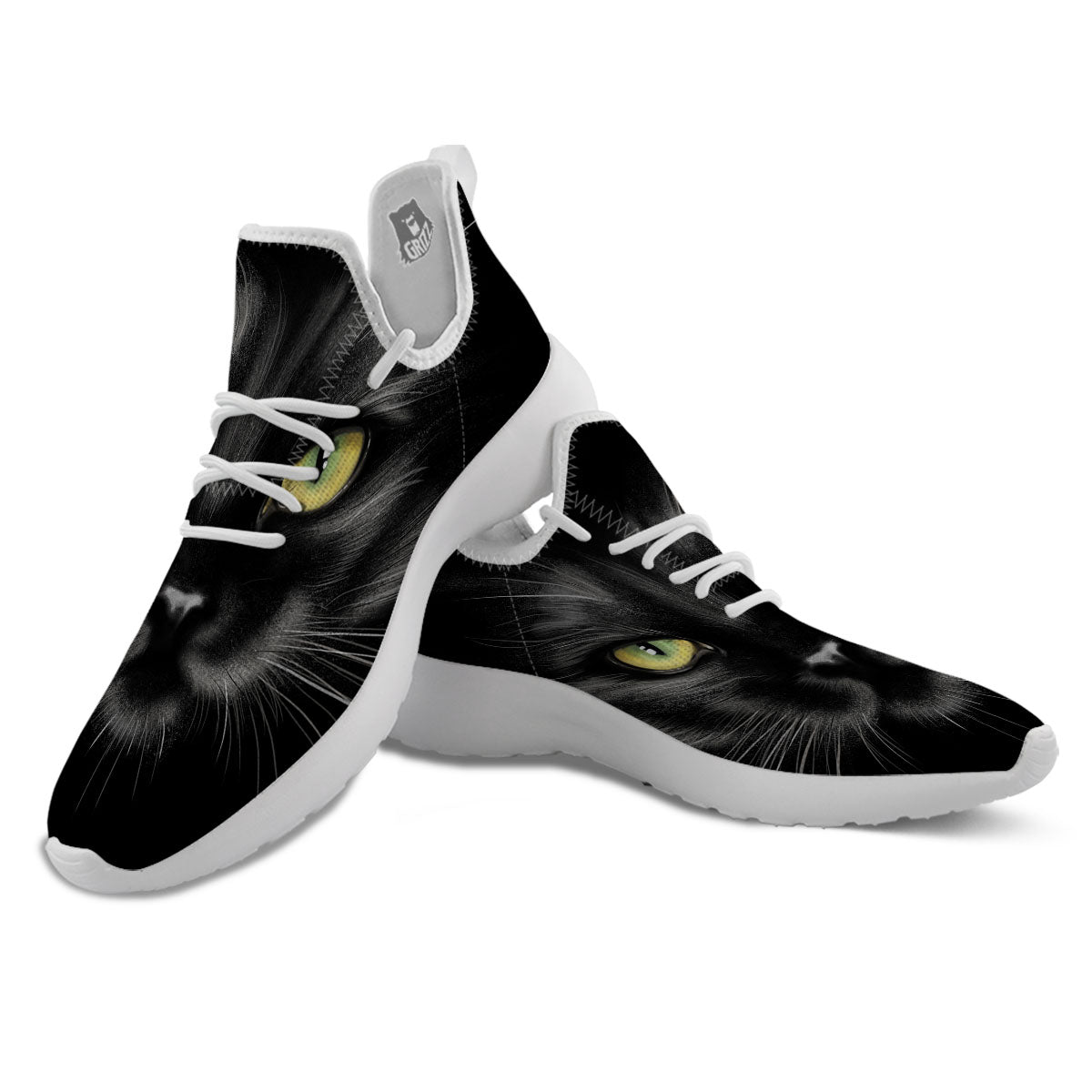 Drawing Portrait Black Cat Print White Athletic Shoes-grizzshop