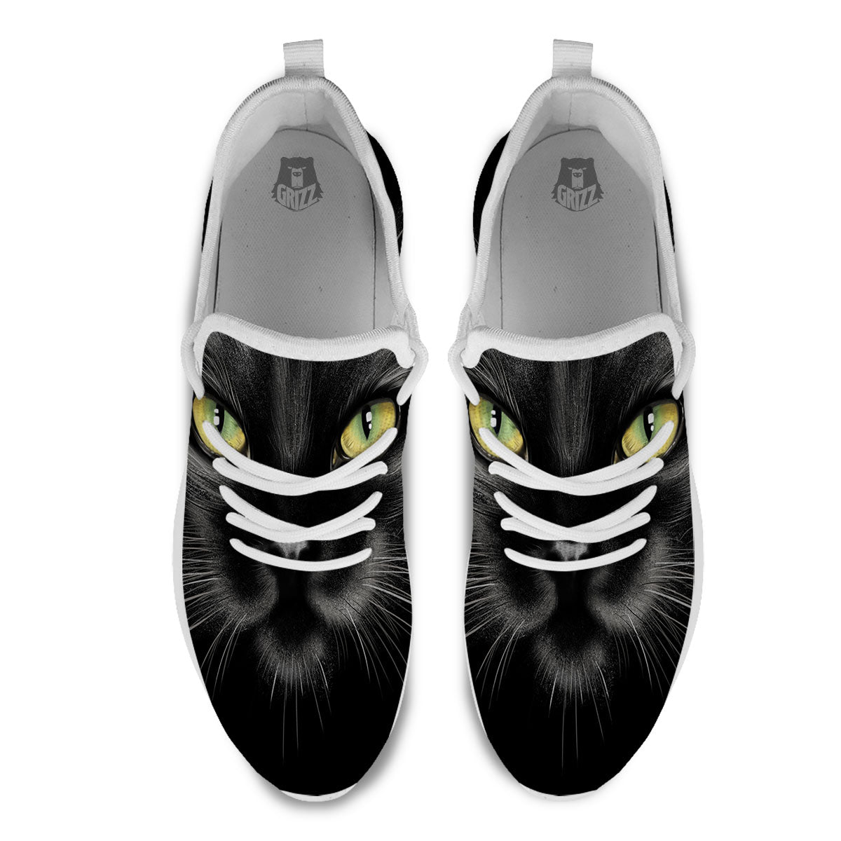 Drawing Portrait Black Cat Print White Athletic Shoes-grizzshop