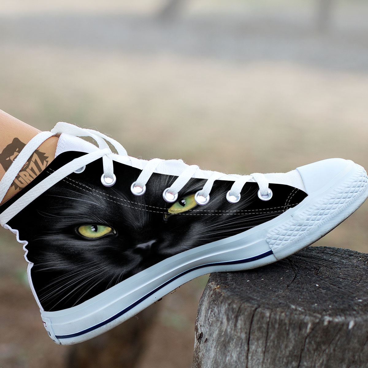 Drawing Portrait Black Cat Print White High Top Shoes-grizzshop
