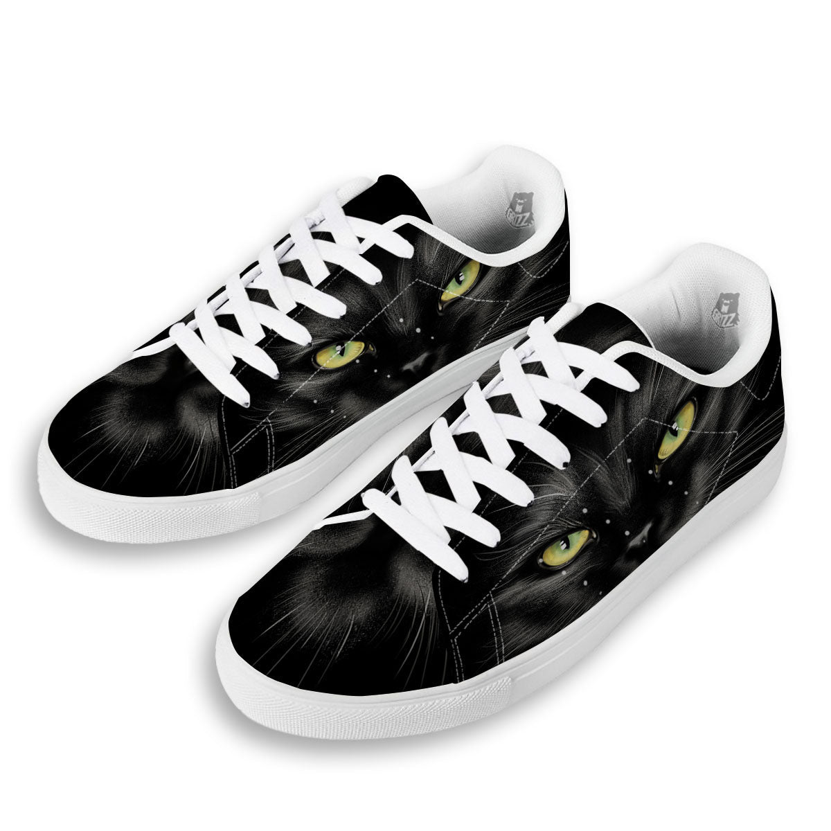 Drawing Portrait Black Cat Print White Low Top Sneakers-grizzshop