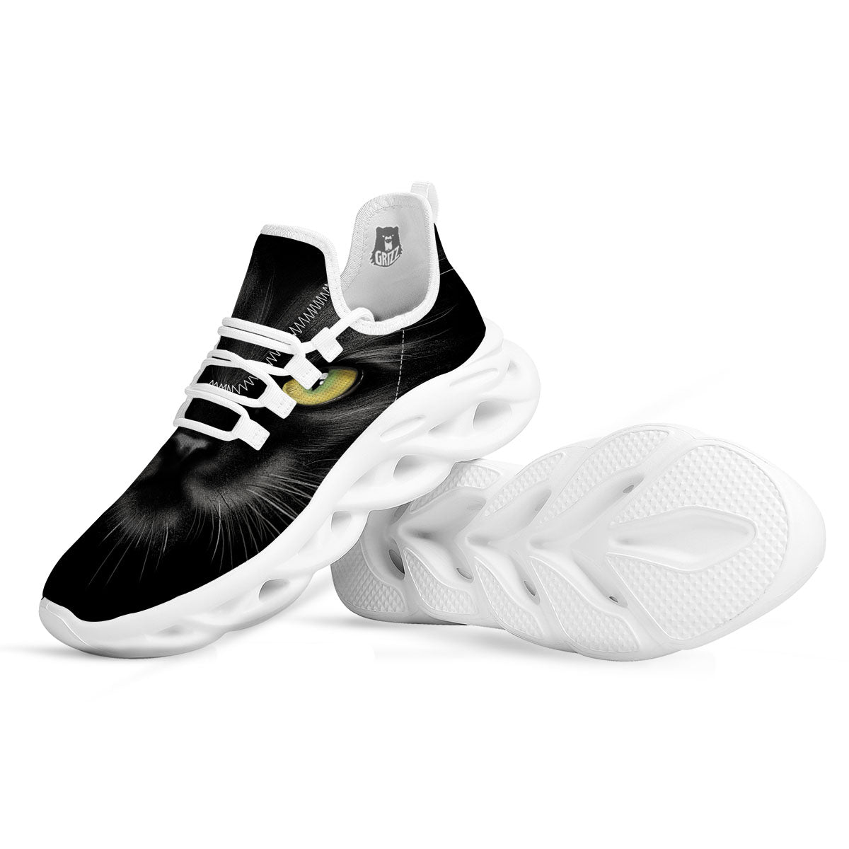 Drawing Portrait Black Cat Print White Running Shoes-grizzshop