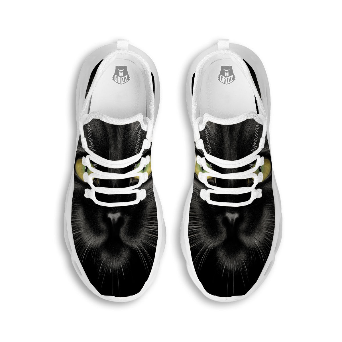 Drawing Portrait Black Cat Print White Running Shoes-grizzshop
