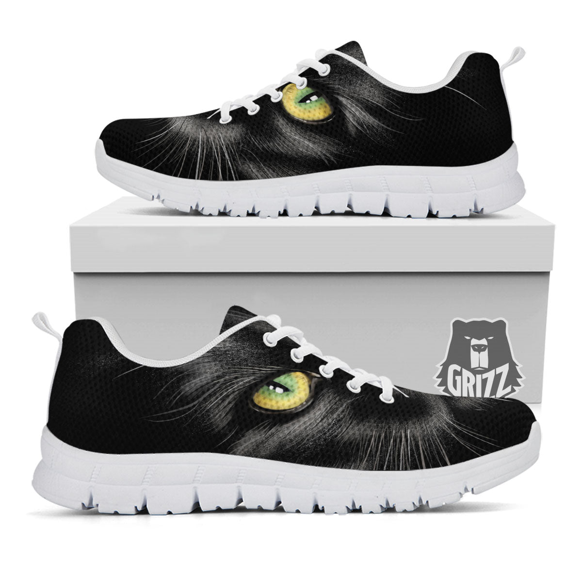 Drawing Portrait Black Cat Print White Sneaker-grizzshop