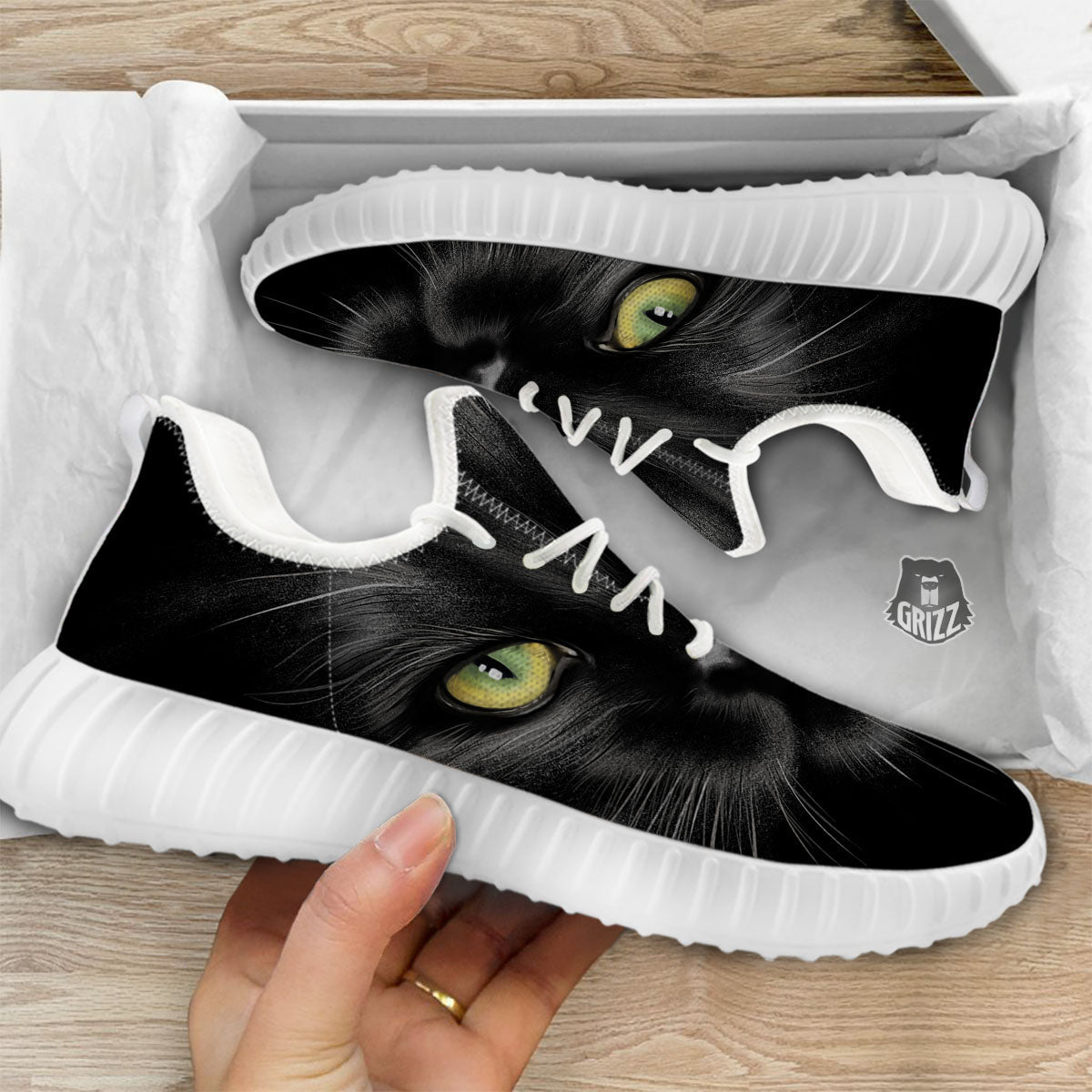 Drawing Portrait Black Cat Print White Walking Shoes-grizzshop
