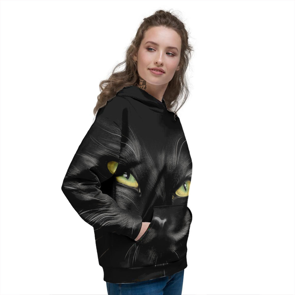 Drawing Portrait Black Cat Print Women's Hoodie-grizzshop