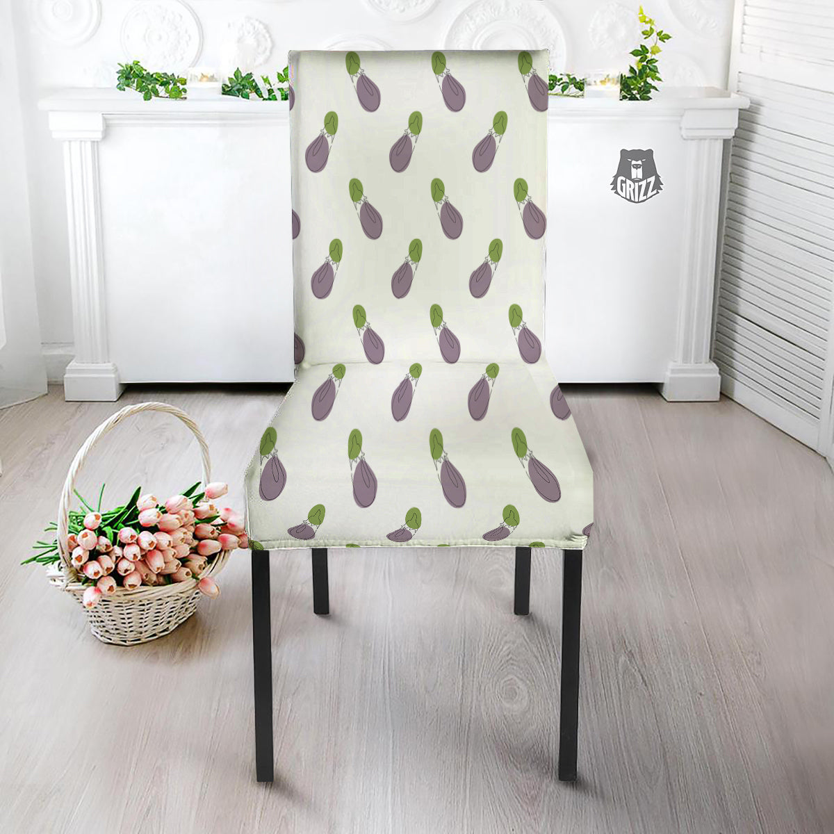 Drawing White Eggplant Print Pattern Dining Chair Slipcover-grizzshop