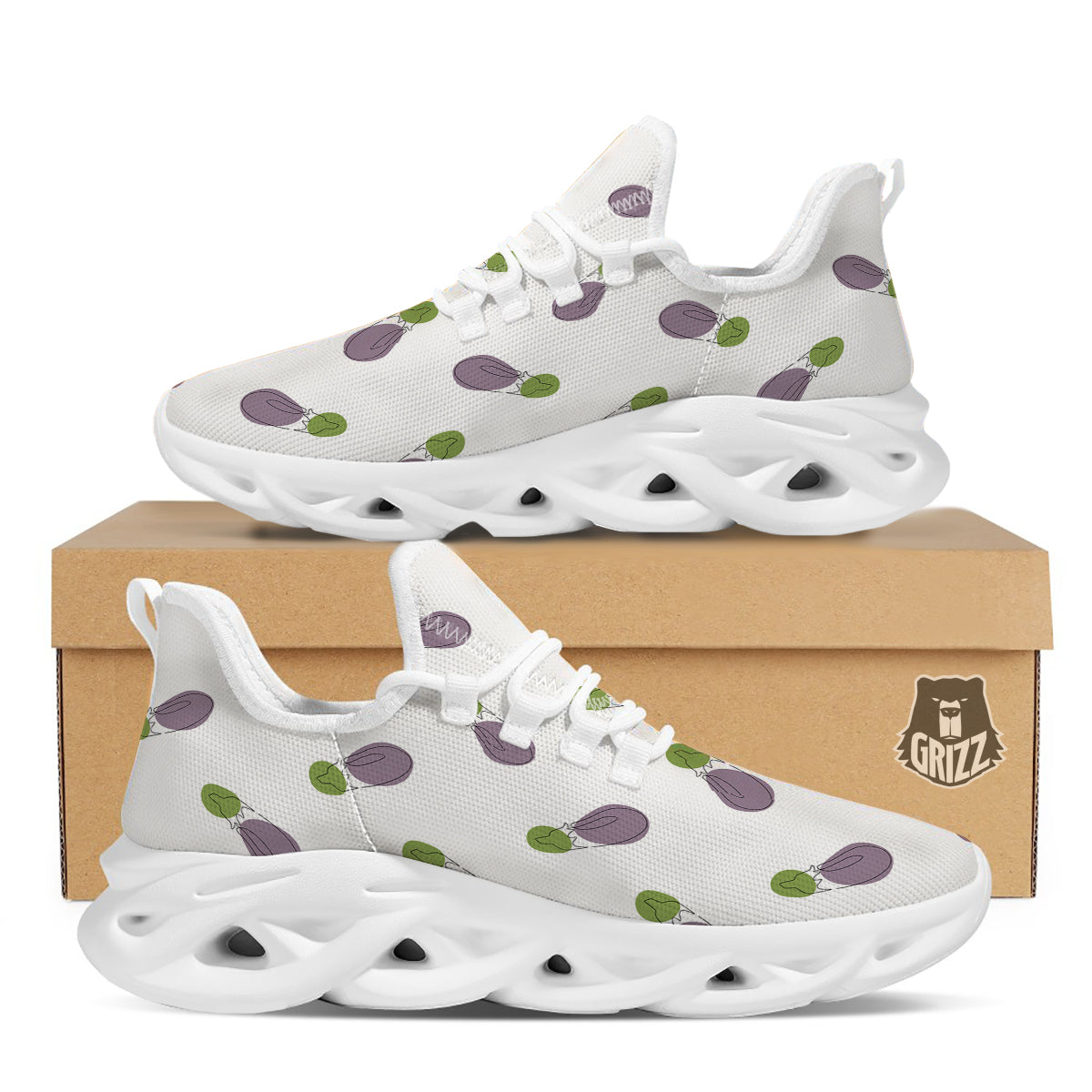 Drawing White Eggplant Print Pattern White Running Shoes-grizzshop