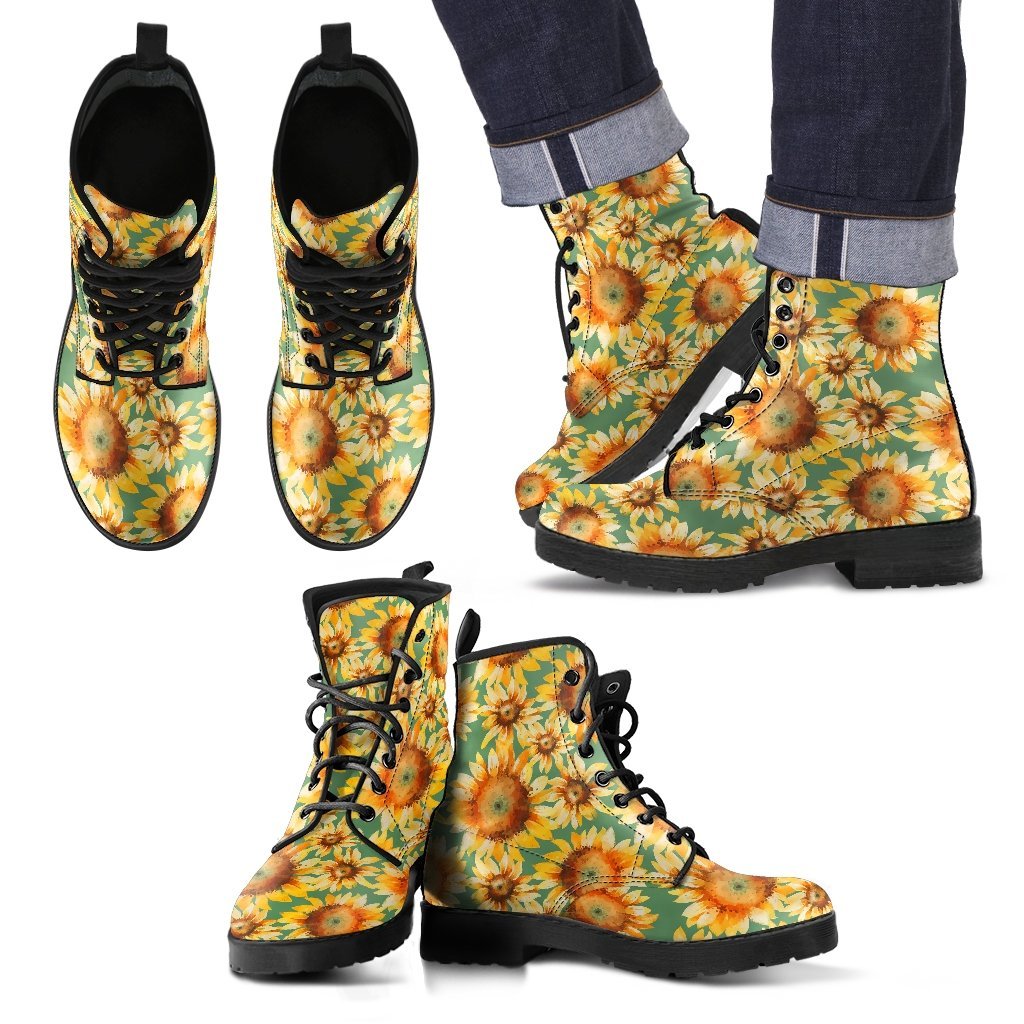 Drawing Sunflower Print Pattern Men Women Leather Boots-grizzshop
