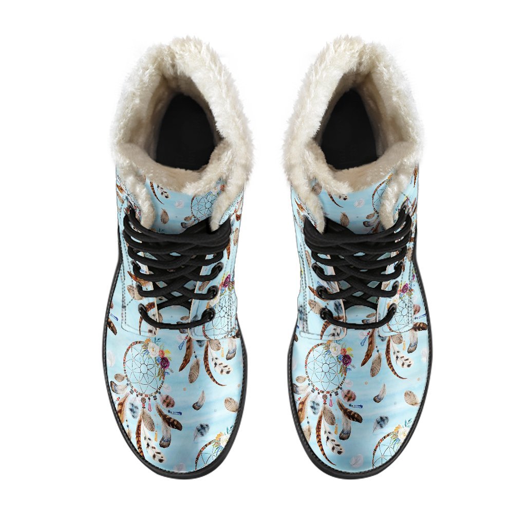 Dream Catcher Blue Feather Pattern Print Comfy Winter Boots-grizzshop