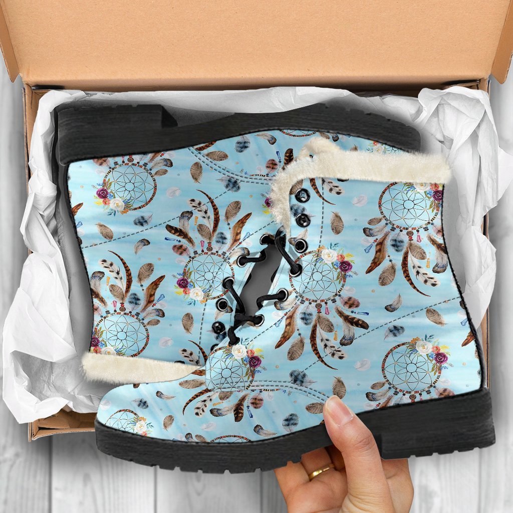 Dream Catcher Blue Feather Pattern Print Comfy Winter Boots-grizzshop