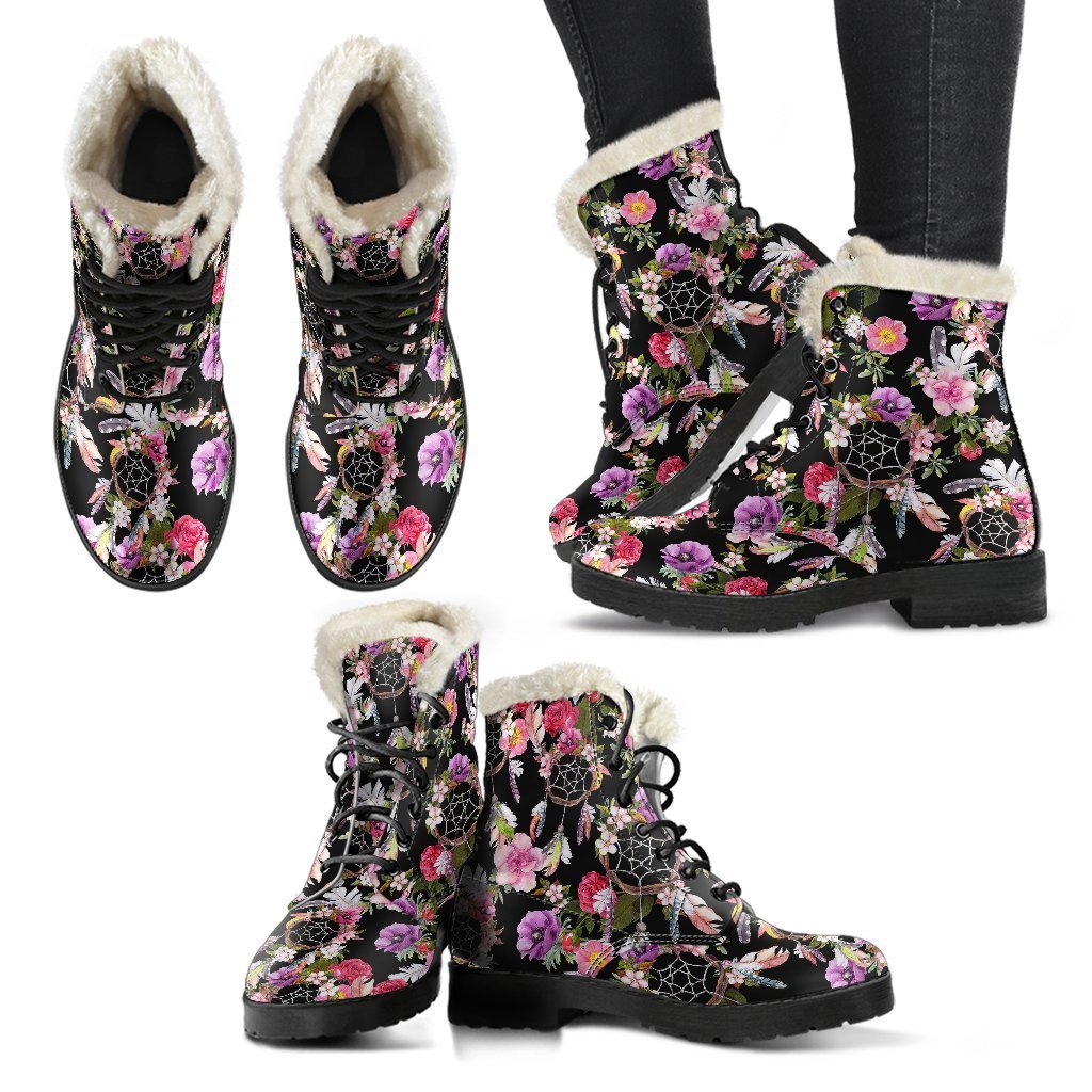 Dream Catcher Flower Boho Feather Pattern Print Comfy Winter Boots-grizzshop