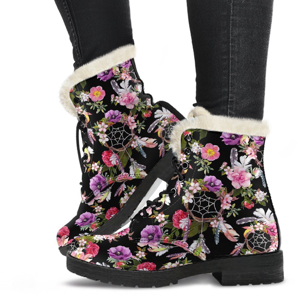 Dream Catcher Flower Boho Feather Pattern Print Comfy Winter Boots-grizzshop