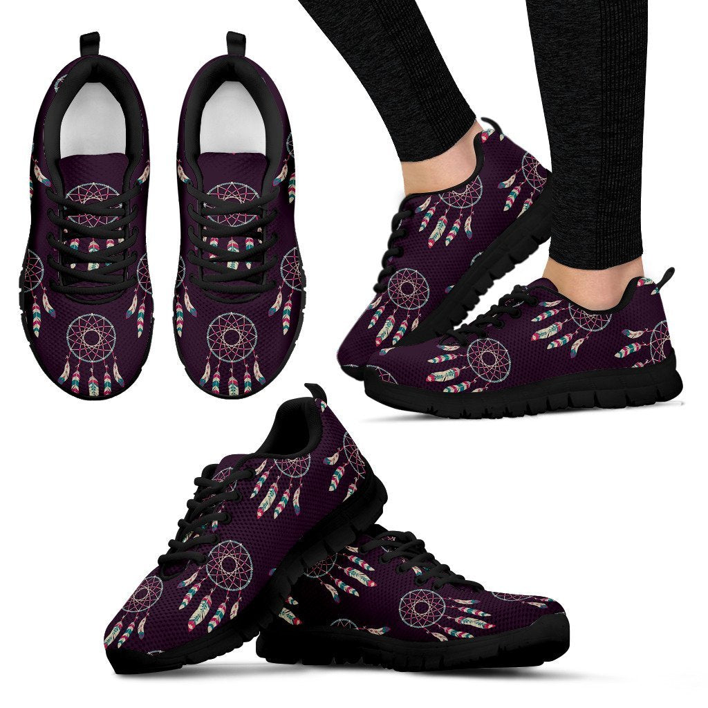 Dream Catcher Purple Feather Pattern Print Black Sneaker Shoes For Men Women-grizzshop
