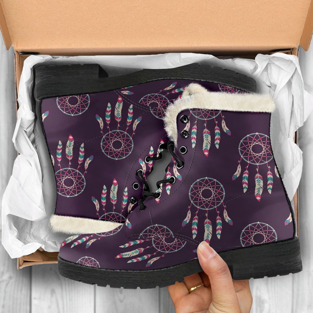 Dream Catcher Purple Feather Pattern Print Comfy Winter Boots-grizzshop