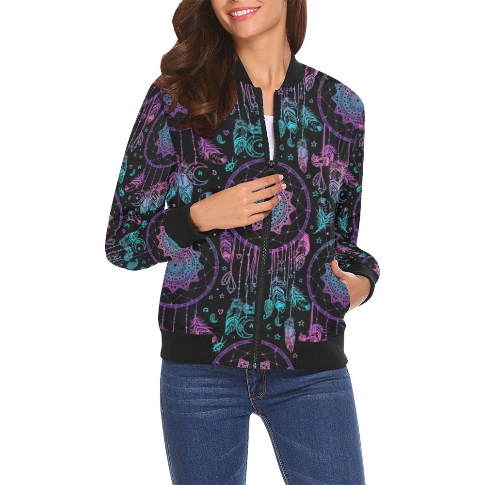 Dream catcher boho mandala Pattern Print Women Casual Bomber Jacket-grizzshop