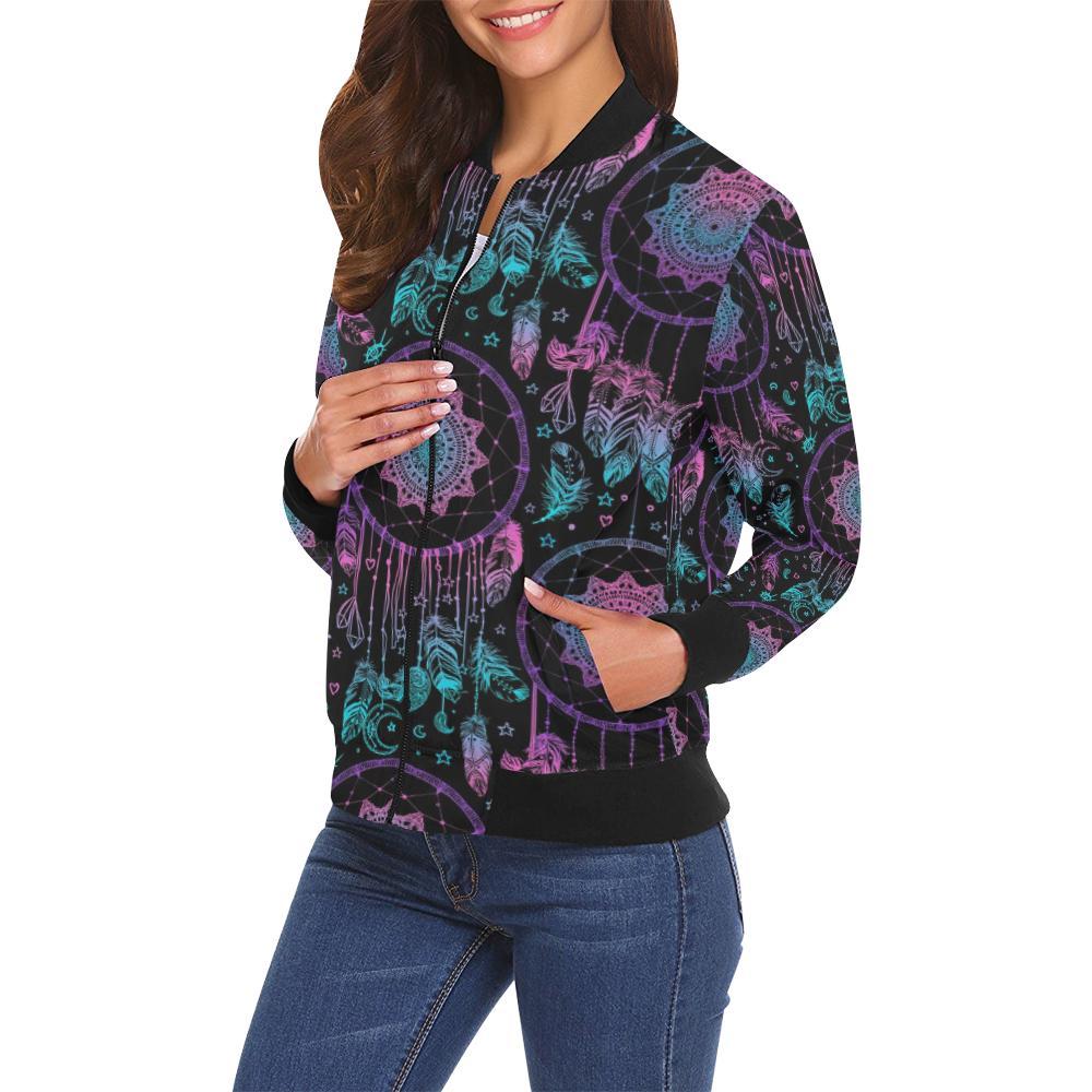 Dream catcher boho mandala Pattern Print Women Casual Bomber Jacket-grizzshop
