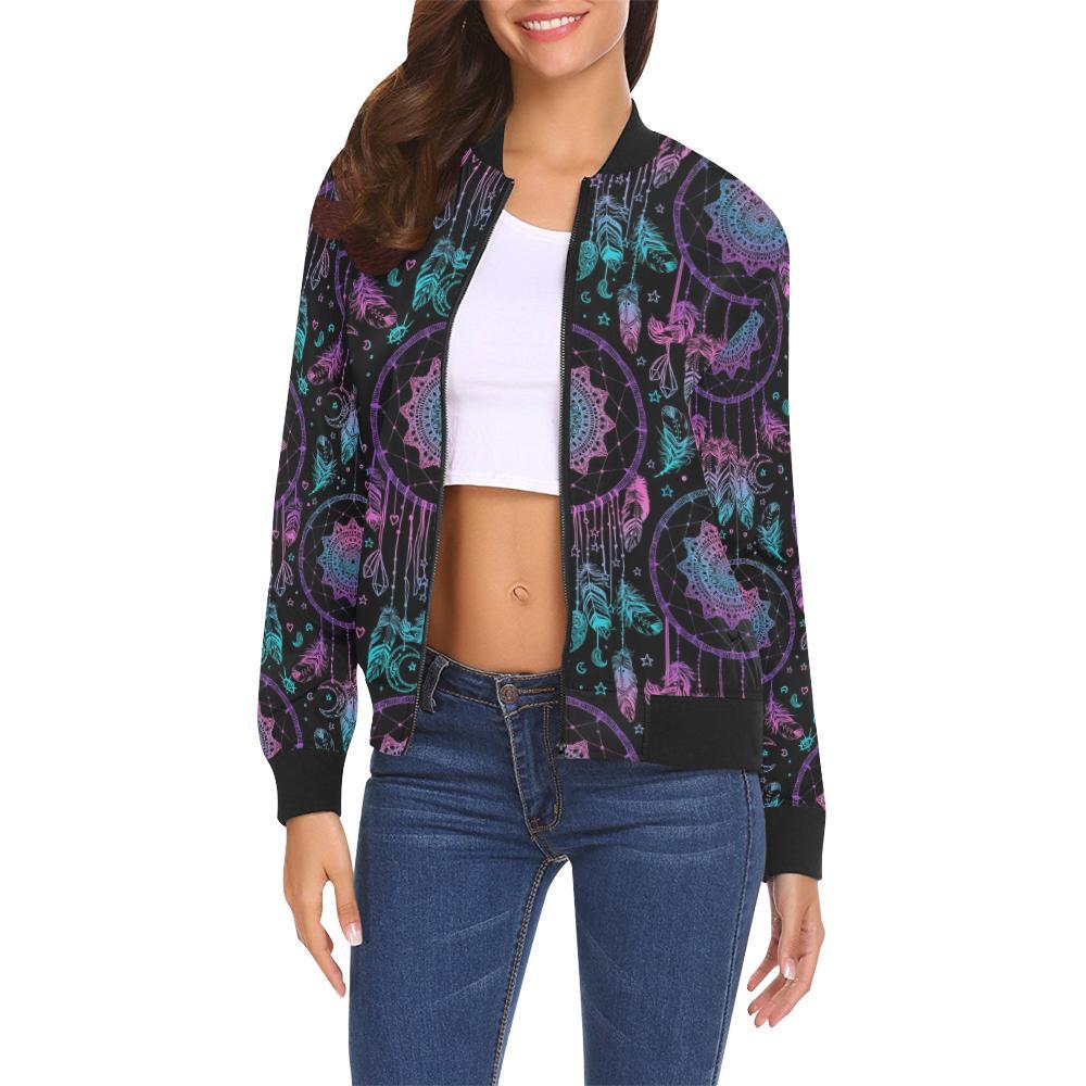 Dream catcher boho mandala Pattern Print Women Casual Bomber Jacket-grizzshop