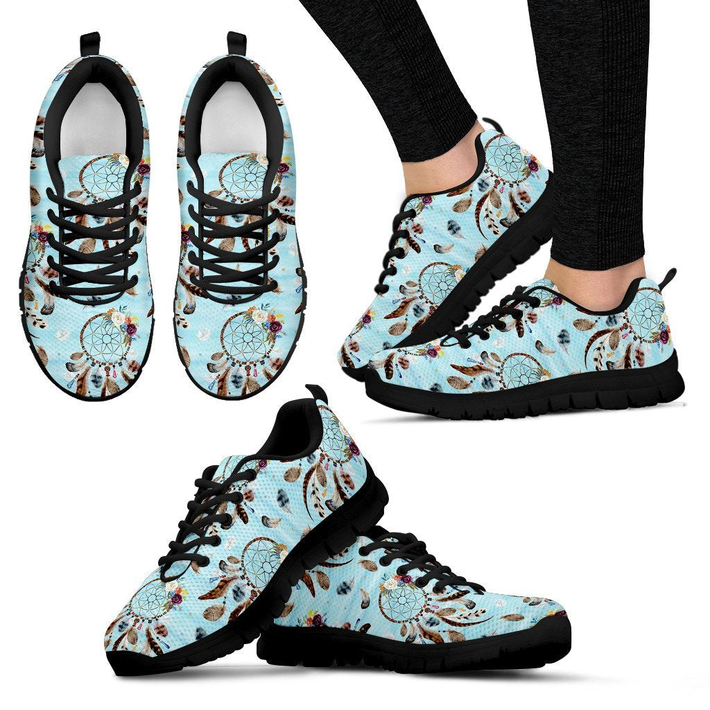 Dream Catcher Blue Feather Pattern Print Black Sneaker Shoes For Men Women-grizzshop