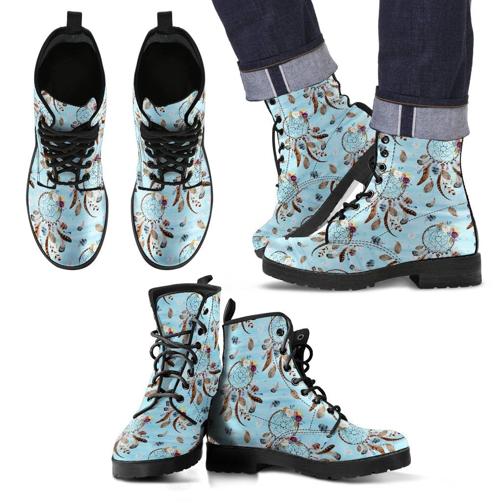 Dream Catcher Blue Feather Pattern Print Men Women Leather Boots-grizzshop