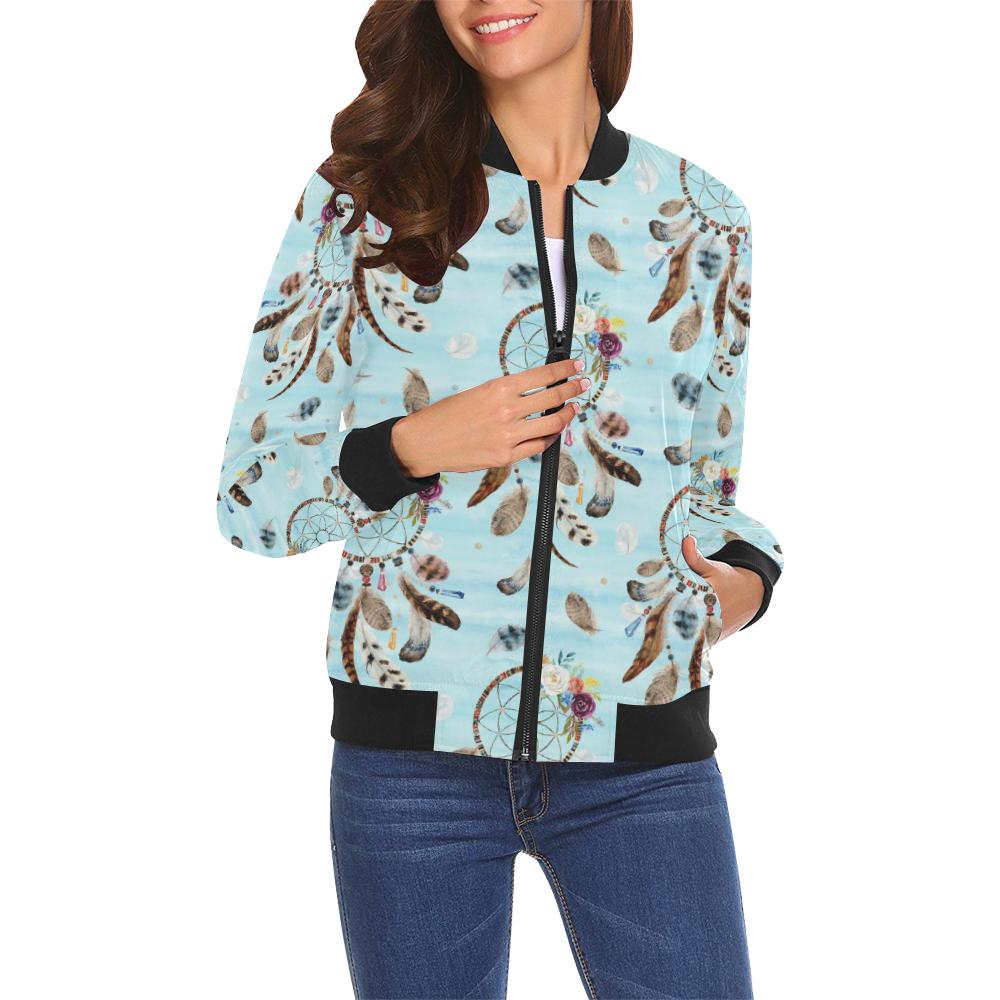 Dream Catcher Blue Feather Pattern Print Women Casual Bomber Jacket-grizzshop