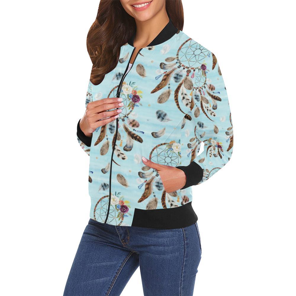 Dream Catcher Blue Feather Pattern Print Women Casual Bomber Jacket-grizzshop
