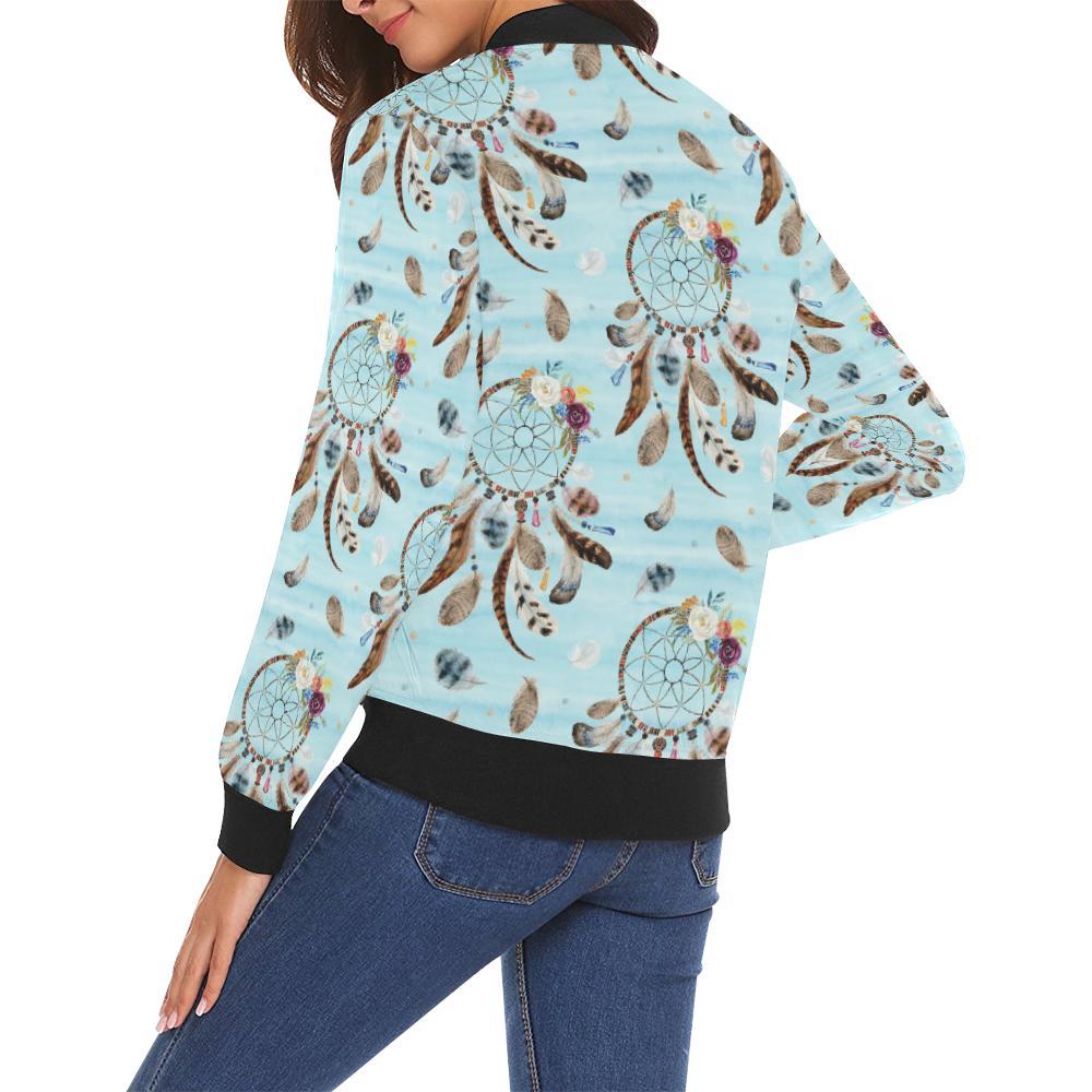Dream Catcher Blue Feather Pattern Print Women Casual Bomber Jacket-grizzshop