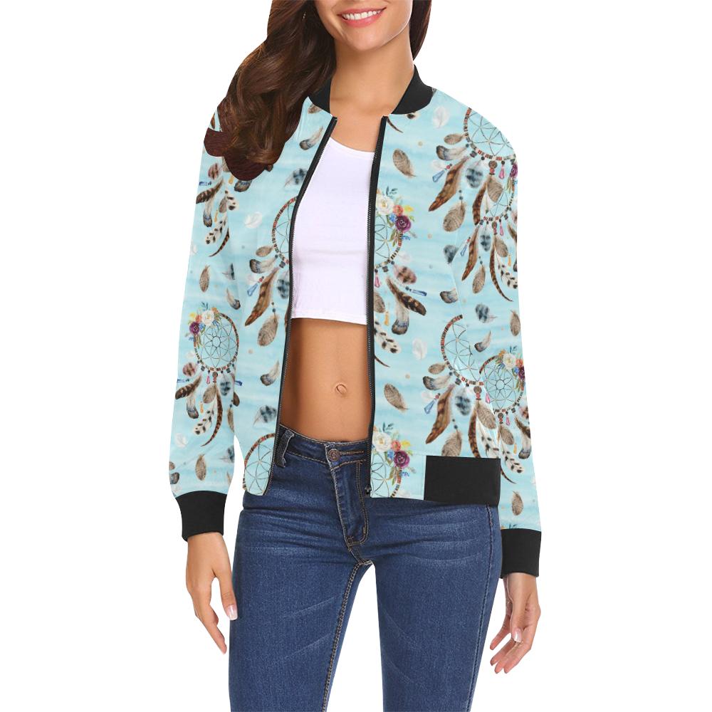 Dream Catcher Blue Feather Pattern Print Women Casual Bomber Jacket-grizzshop