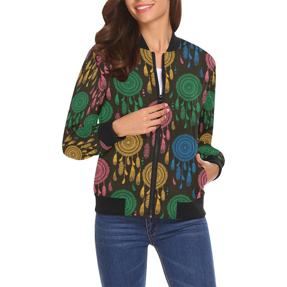 Dream Catcher Colorful Feather Pattern Print Women Casual Bomber Jacket-grizzshop