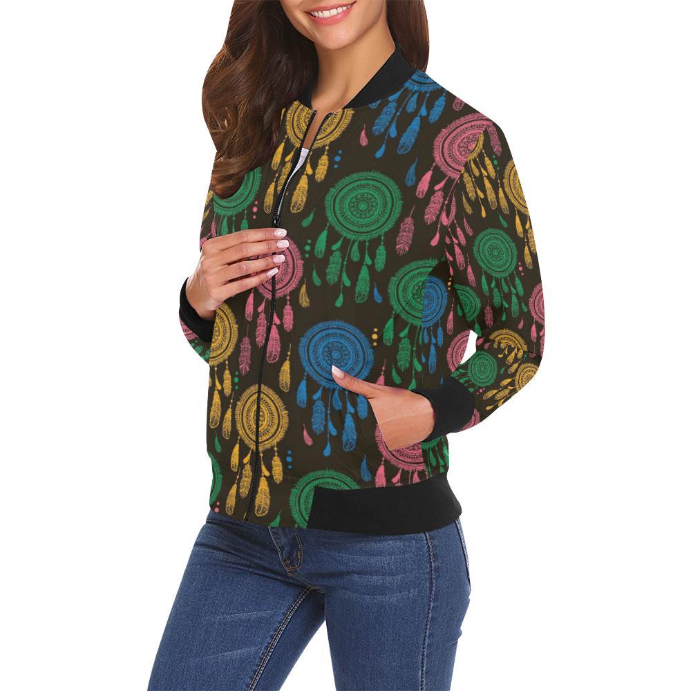 Dream Catcher Colorful Feather Pattern Print Women Casual Bomber Jacket-grizzshop