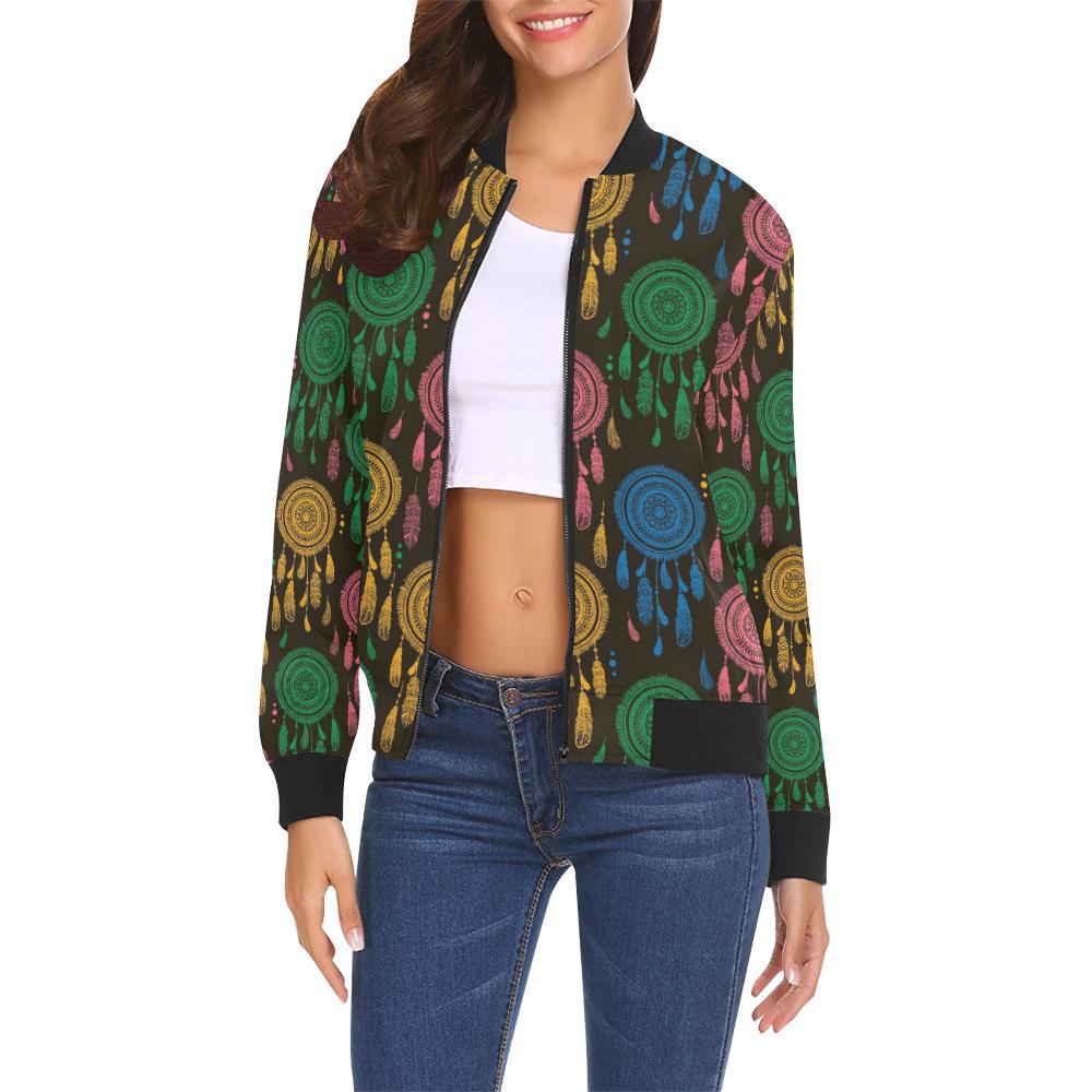 Dream Catcher Colorful Feather Pattern Print Women Casual Bomber Jacket-grizzshop