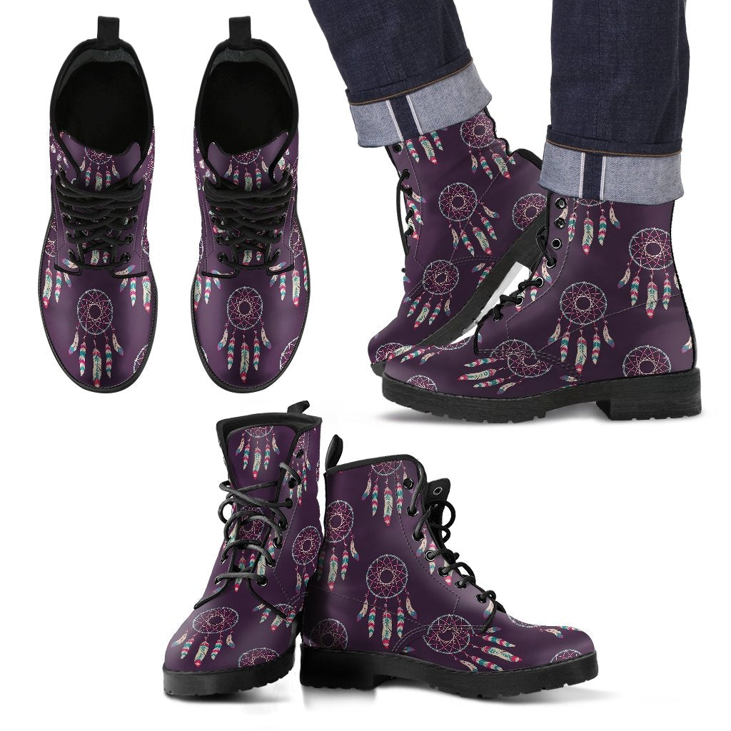 Dream Catcher Purple Feather Pattern Print Men Women Leather Boots-grizzshop