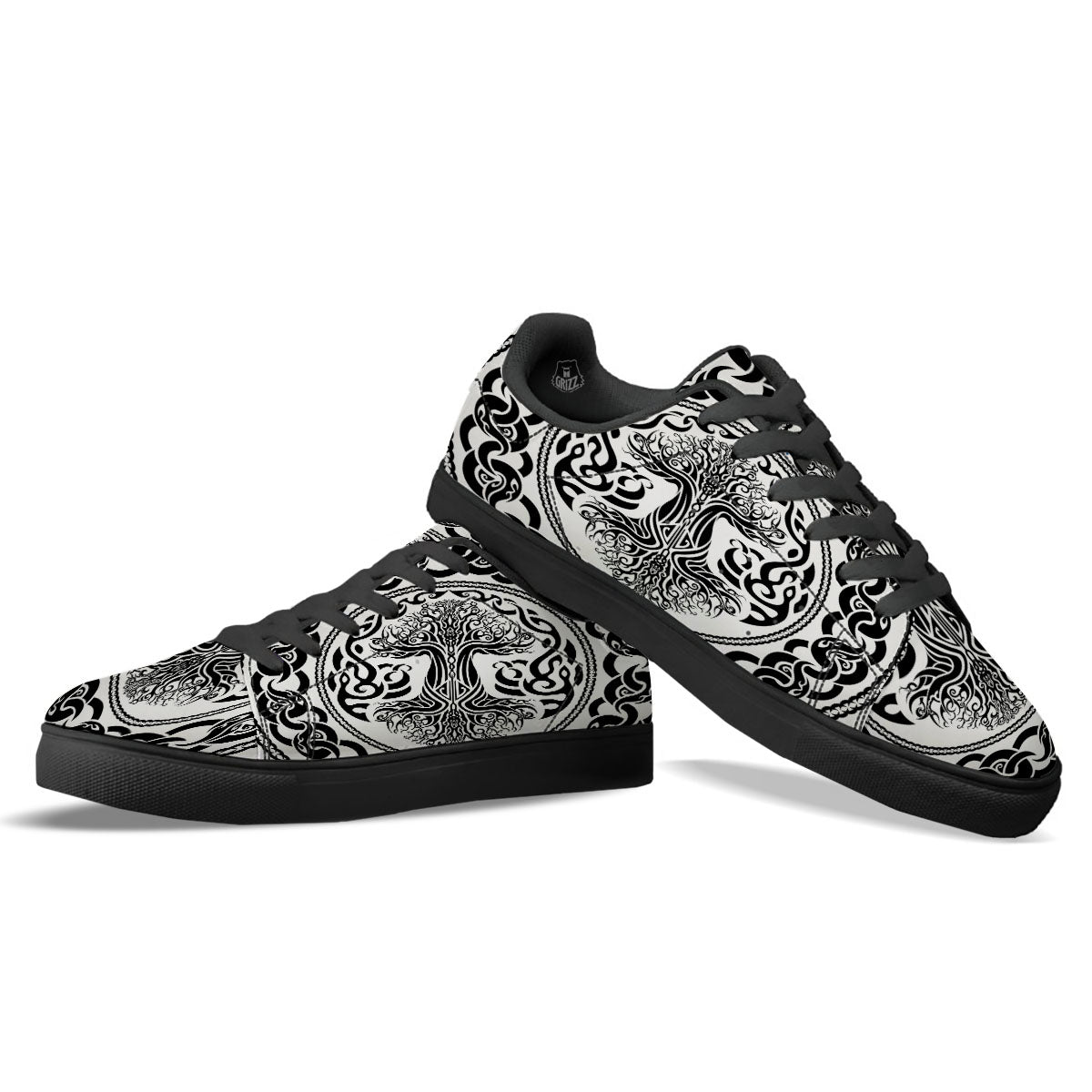 Druidic Yggdrasil Tree Print Black Low Top Sneakers-grizzshop