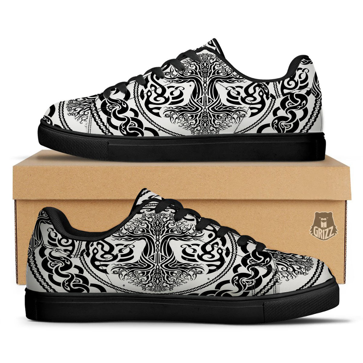 Druidic Yggdrasil Tree Print Black Low Top Sneakers-grizzshop