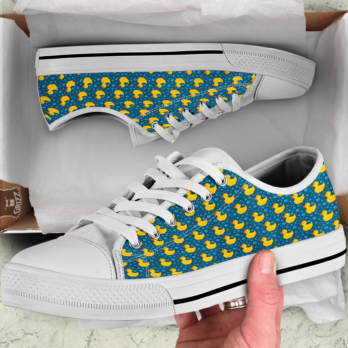 Duck 8-Bit Rubber Print Pattern White Low Top Shoes-grizzshop