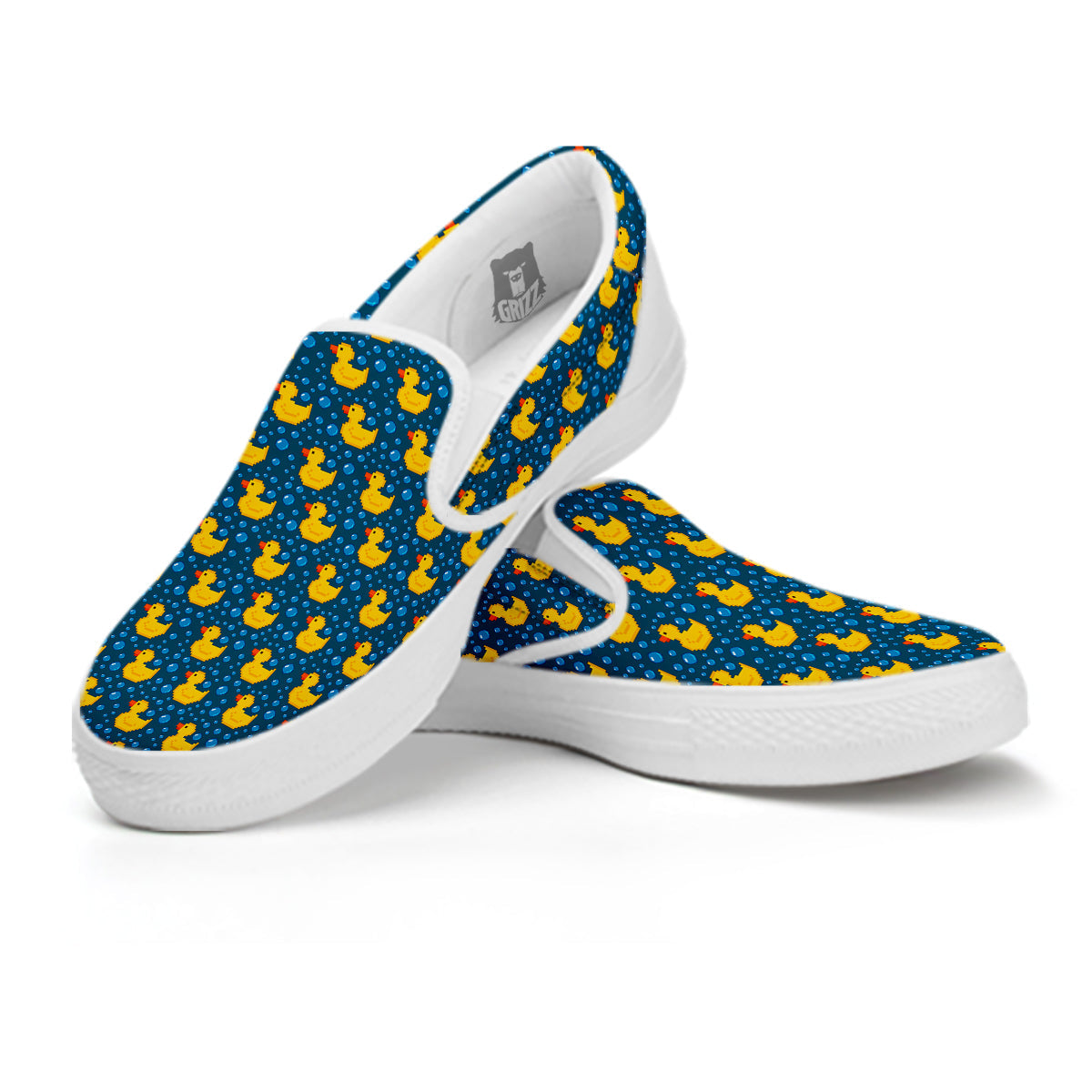 Duck 8-Bit Rubber Print Pattern White Slip On Shoes-grizzshop