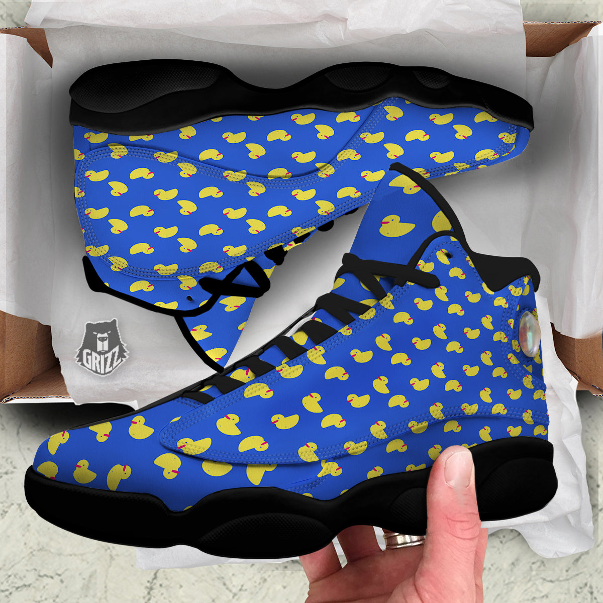 Duck Blue Yellow Print Pattern Black Basketball Shoes-grizzshop