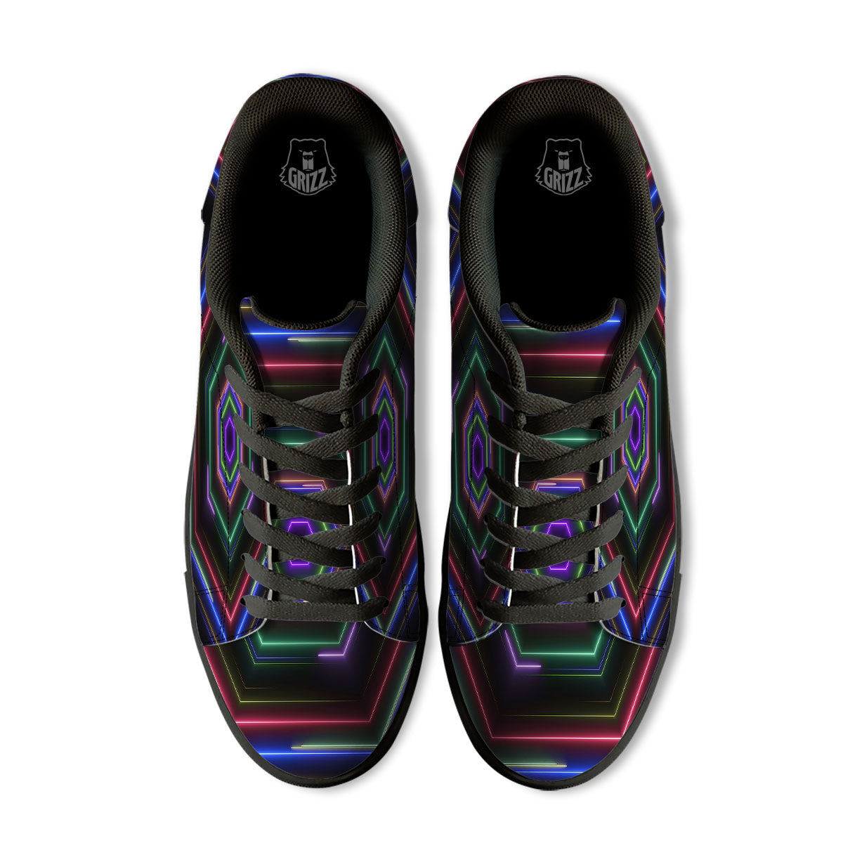 EDM Geometric Green Light Print Black Low Top Sneakers-grizzshop