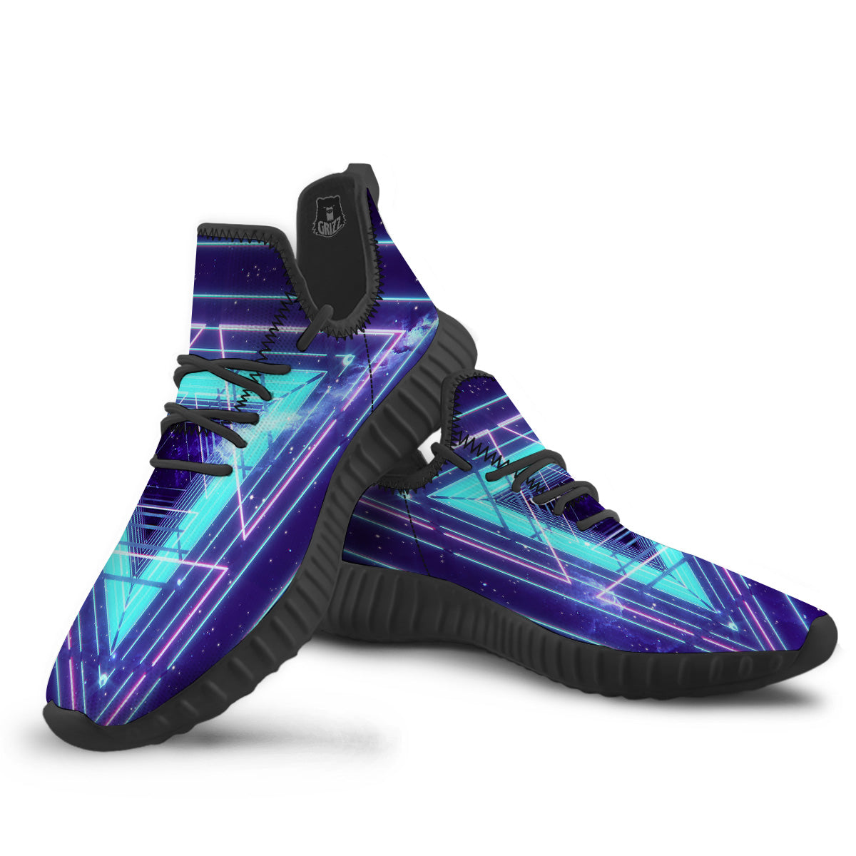EDM Light Blue Geometric Print Black Walking Shoes-grizzshop