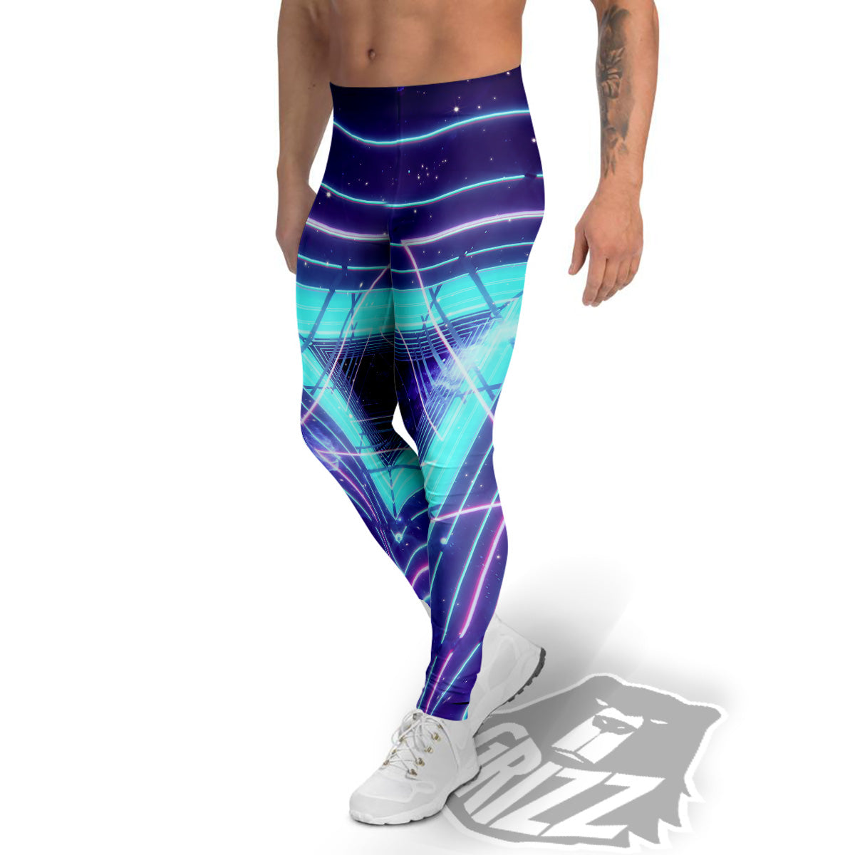 EDM Light Blue Geometric Print Men's Leggings-grizzshop