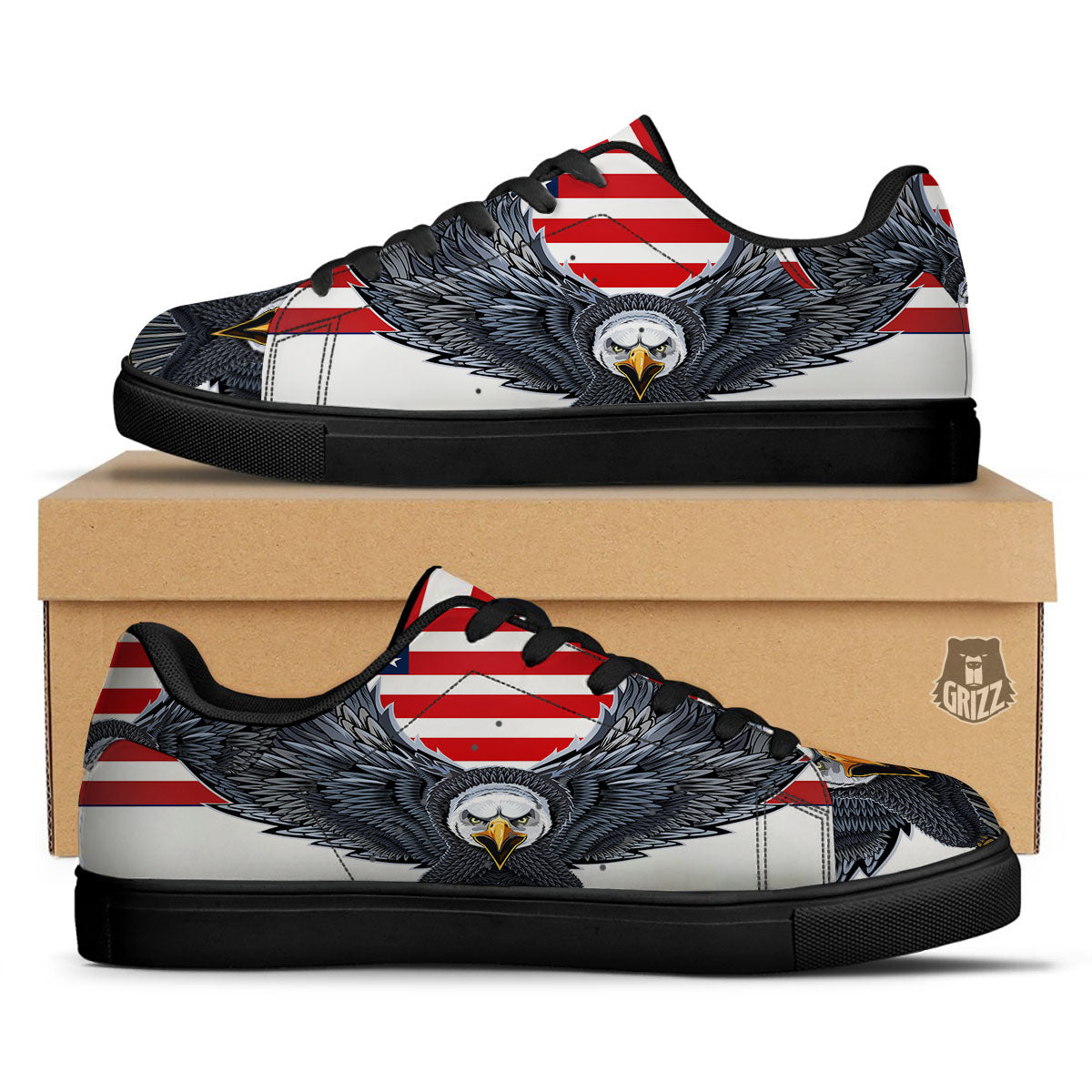Eagle Patriotic American Print Black Low Top Sneakers-grizzshop