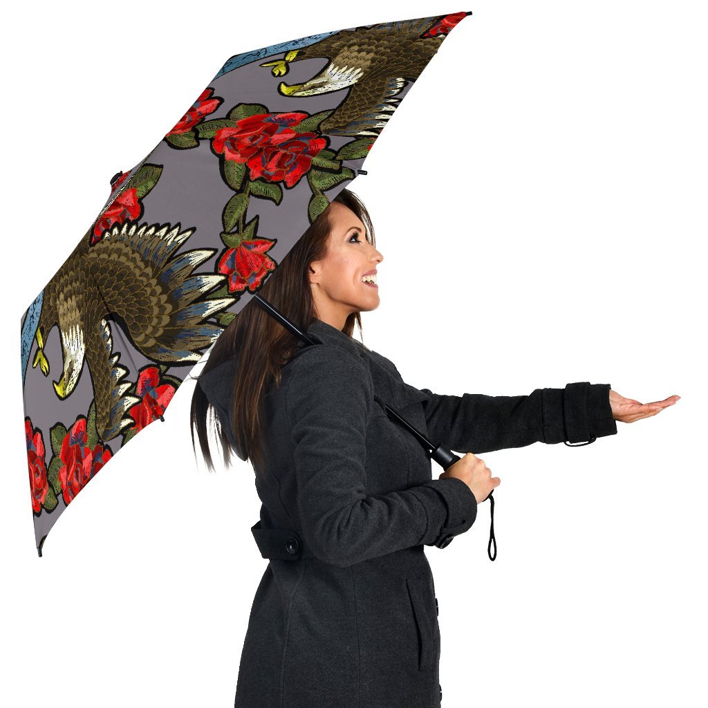 Eagle Rose Pattern Print Automatic Foldable Umbrella-grizzshop